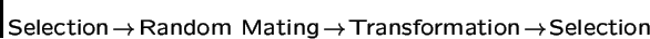 \begin{displaymath}\mbox{Selection} \!\rightarrow\!\mbox{Random Mating} \!\rightarrow\! \mbox{Transformation} \!\rightarrow\! \mbox{Selection}
\end{displaymath}
