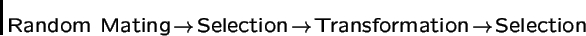 \begin{displaymath}\mbox{Random Mating} \!\rightarrow\! \mbox{Selection} \!\rightarrow\!\mbox{Transformation} \!\rightarrow\! \mbox{Selection}
\end{displaymath}